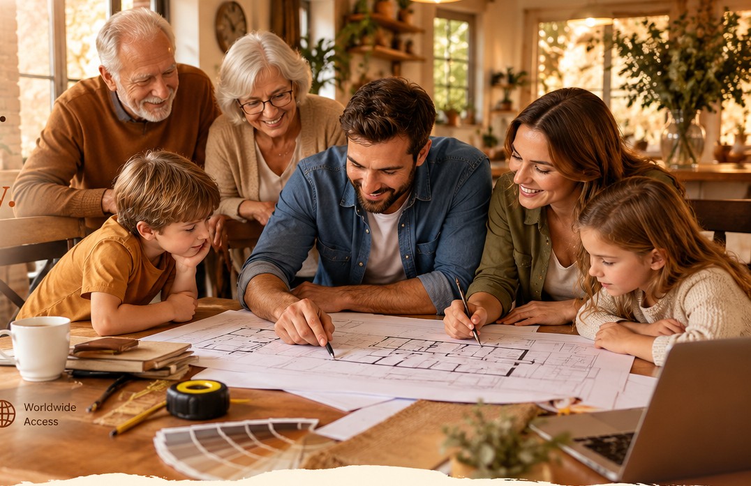 Three generations planning together around a dining table